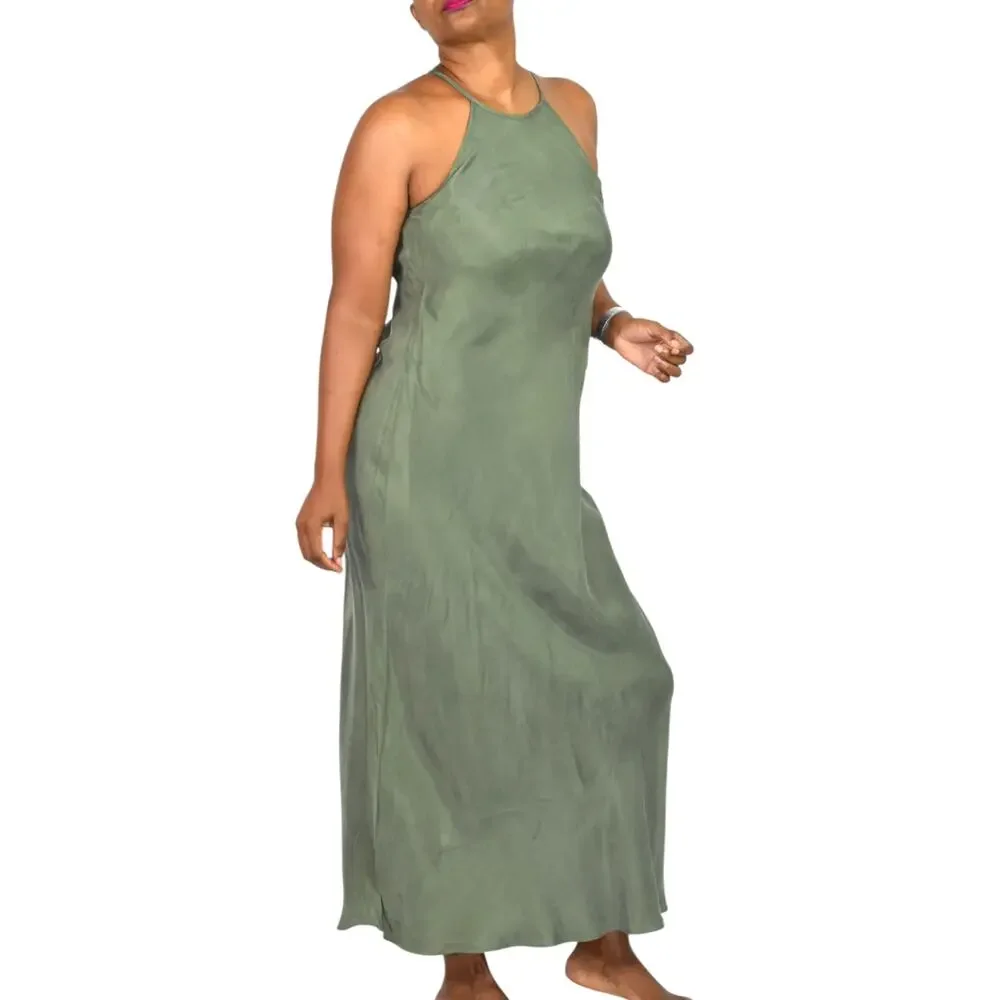 J Crew Amber Slip Dress Green Cupro Halter Maxi Bias Keyhole Silky Slipdress 6